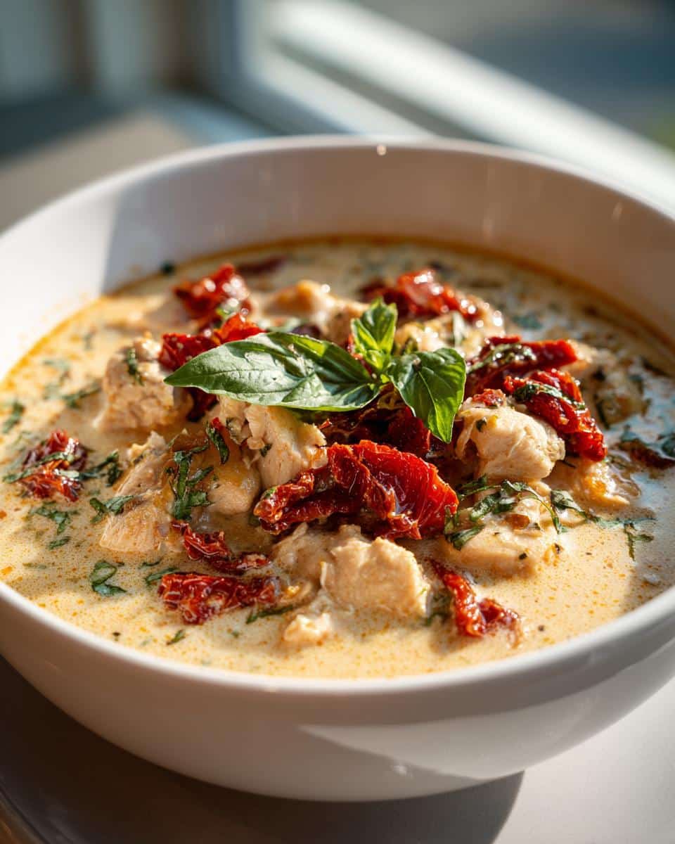 A bowl of creamy marry me chicken soup keto, garnished with sun-dried tomatoes and fresh basil.