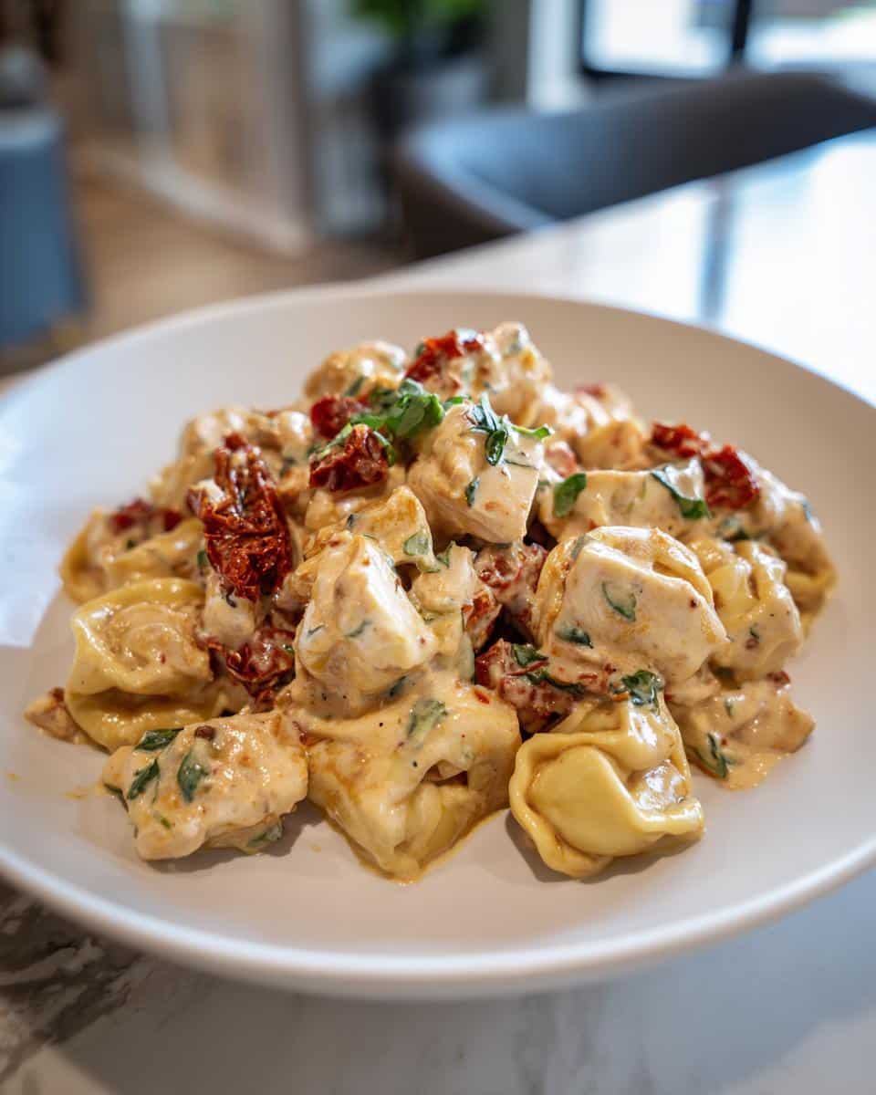 A plate of creamy Marry Me Chicken Tortellini Blackstone with sun-dried tomatoes and basil.