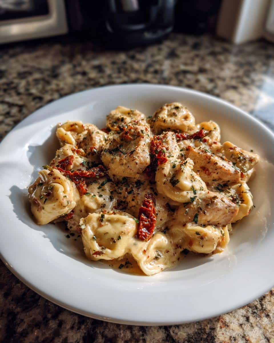 A bowl of creamy Marry Me Chicken Tortellini Blackstone, garnished with herbs and sun-dried tomatoes.