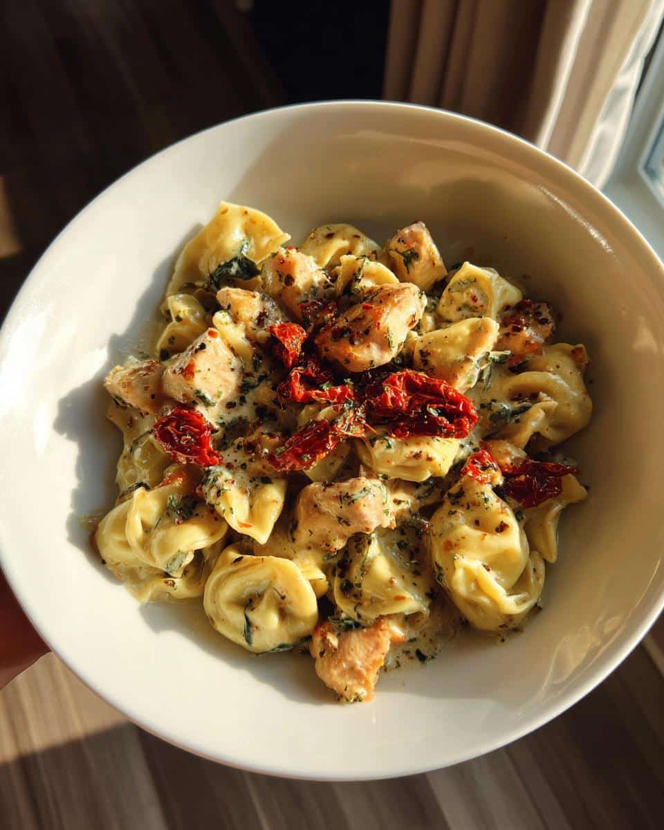 A bowl of creamy marry me chicken tortellini blackstone with sun-dried tomatoes and herbs, ready to eat.