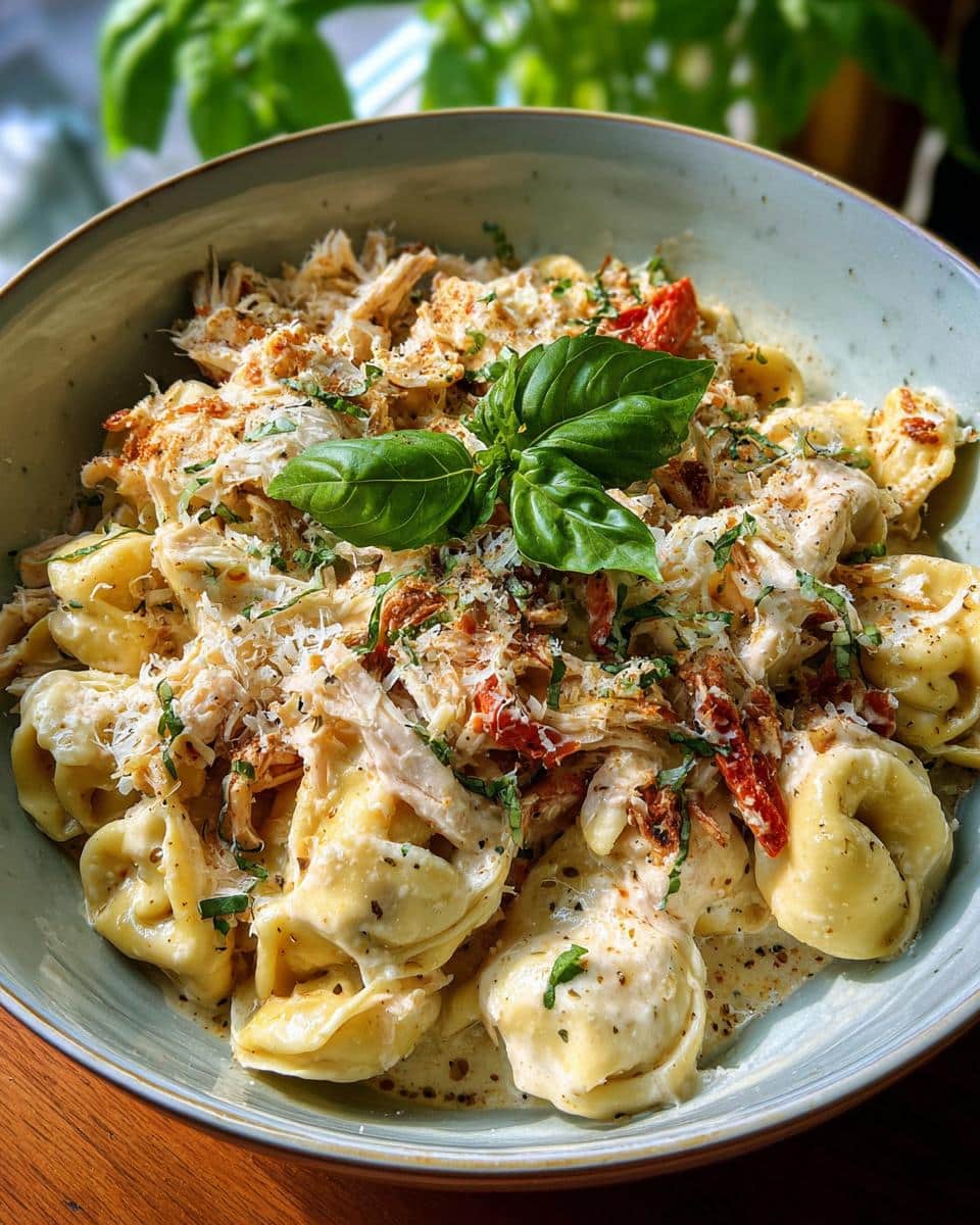 A bowl of creamy marry me chicken tortellini pasta, garnished with basil and parmesan cheese.