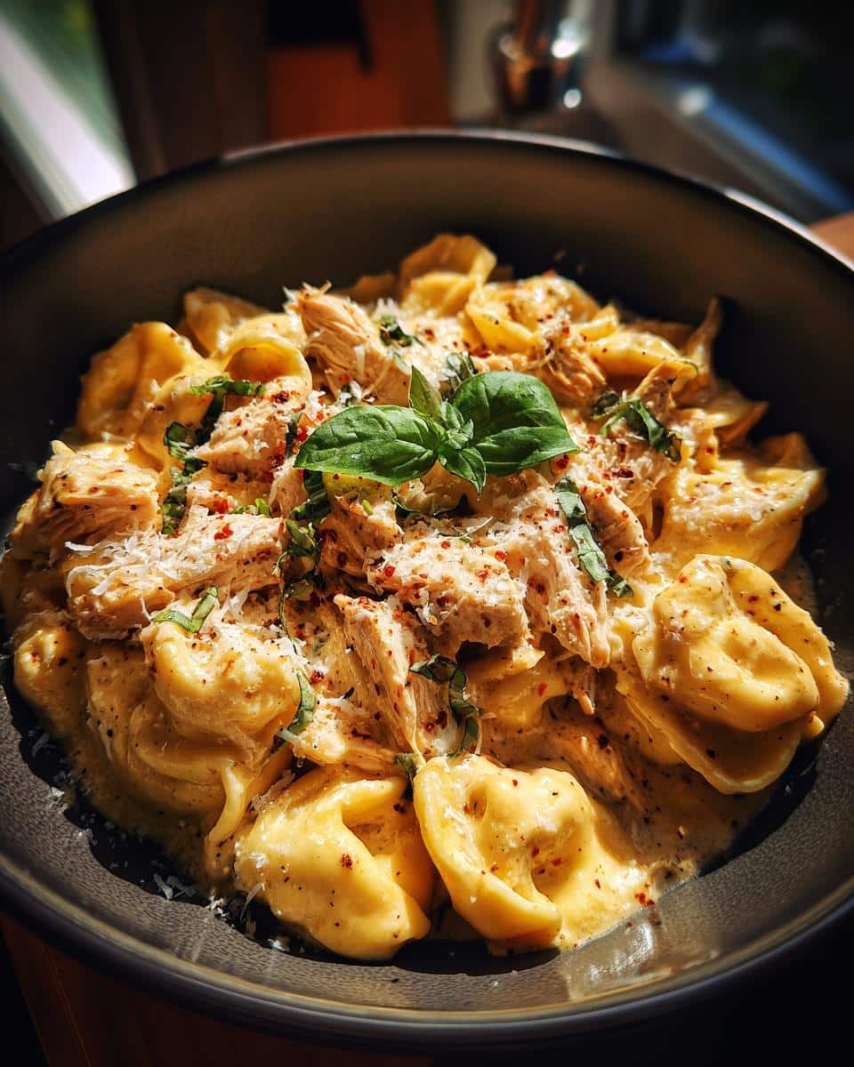 A bowl of creamy marry me chicken tortellini pasta, garnished with basil and parmesan.