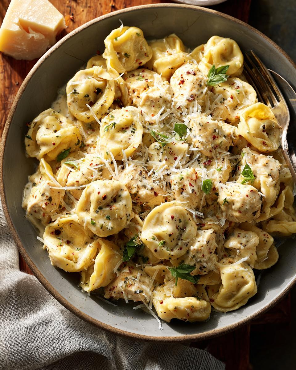 Overhead shot of a bowl of creamy Marry Me Chicken Tortellini Pasta, garnished with parmesan and basil.