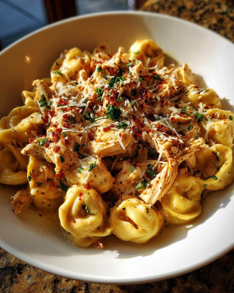 A bowl of creamy Marry Me Chicken Tortellini Pasta, topped with parmesan, parsley, and bacon bits.