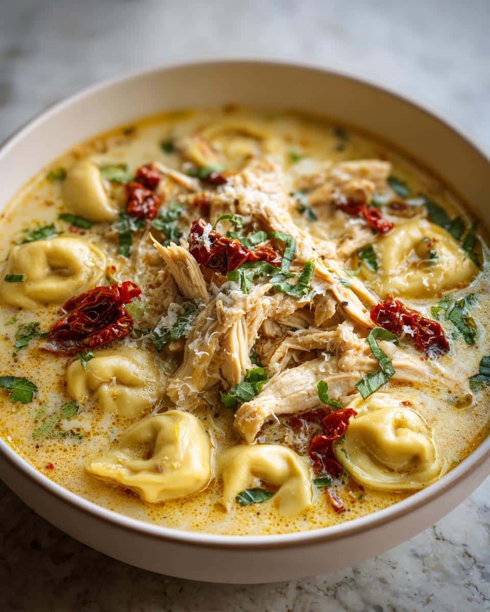 Bowl of creamy marry me chicken tortellini soup with shredded chicken, sun-dried tomatoes, and fresh herbs.
