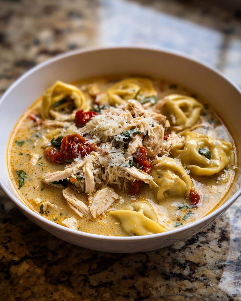 A bowl of creamy Marry Me Chicken Tortellini Soup, garnished with shredded chicken, sun-dried tomatoes, and parmesan cheese.
