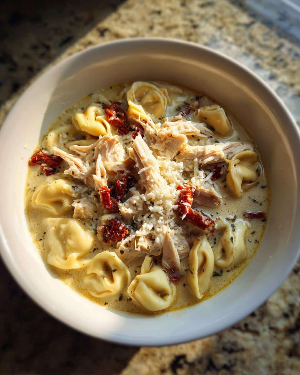 Bowl of creamy Marry Me Chicken Tortellini Soup with chicken, tortellini, sun-dried tomatoes, and Parmesan cheese.