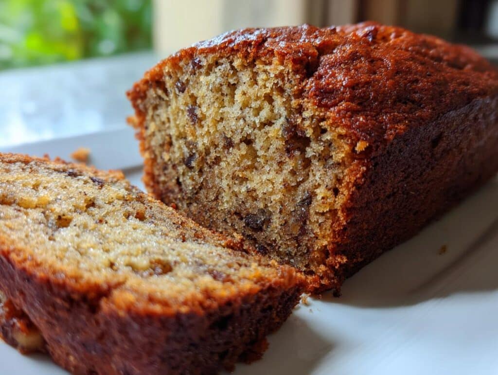 Close-up of a loaf of moist banana bread with a slice cut, showing the texture and ingredients.