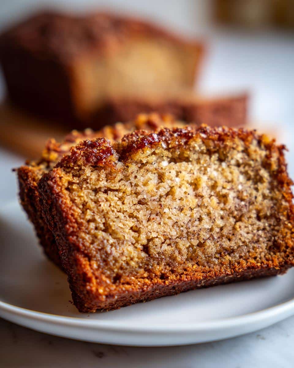 Close-up of a moist slice of banana bread on a white plate, showcasing its texture and golden-brown crust.