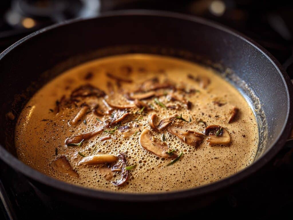 Close-up of Mushroom Cream Sauce simmering in a pan, garnished with herbs.