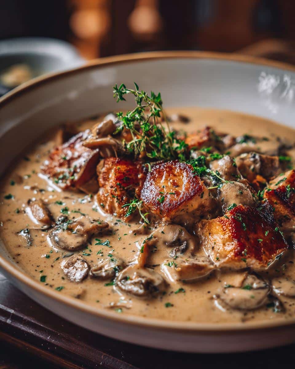 Close-up of a bowl filled with Mushroom Cream Sauce and seared meat, garnished with thyme and parsley.
