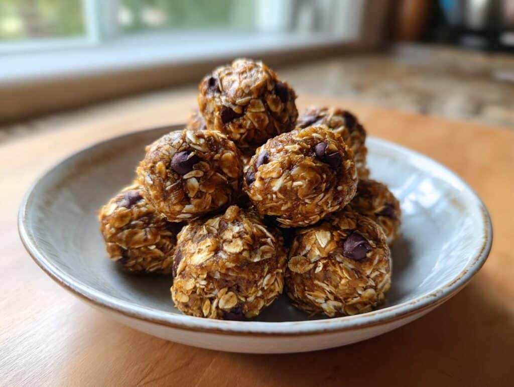 A plate of homemade oatmeal protein balls with chocolate chips, ready to eat.