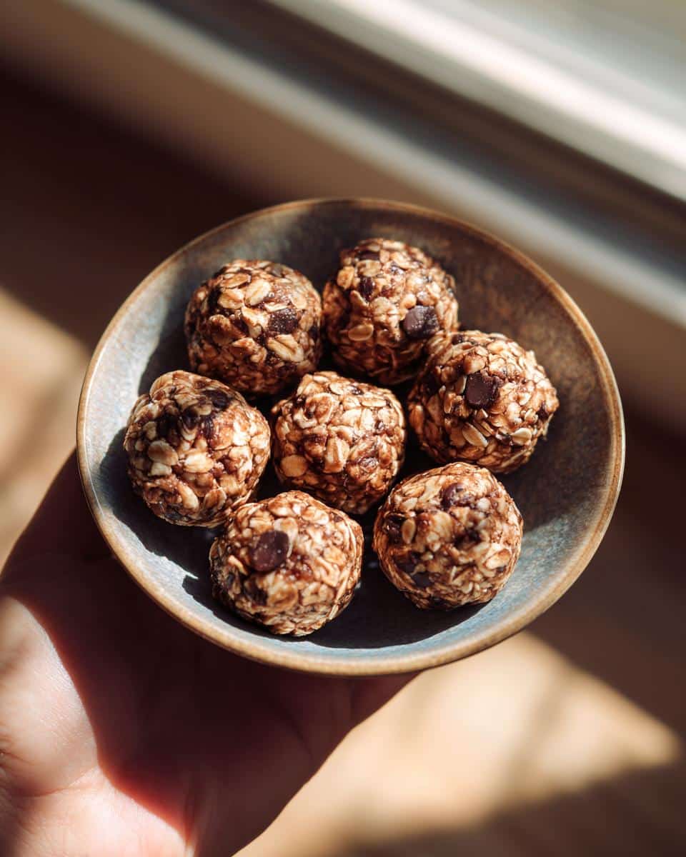 A hand holds a bowl filled with delicious oatmeal protein balls, ready to be enjoyed.