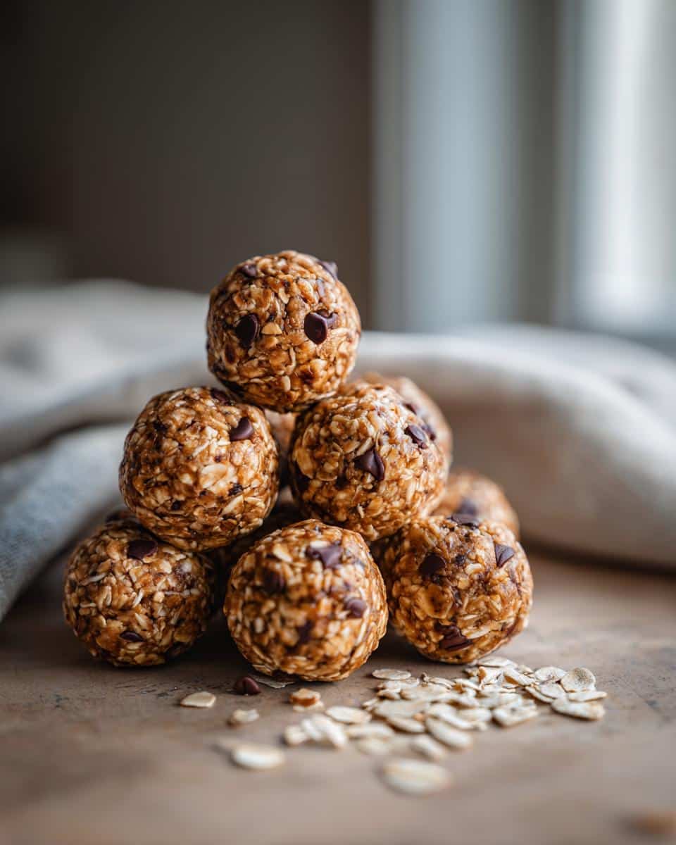 A stack of homemade oatmeal protein balls with chocolate chips, resting on a wooden surface with loose oats.