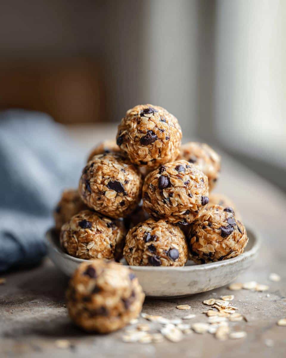 A stack of homemade oatmeal protein balls with chocolate chips on a small plate.