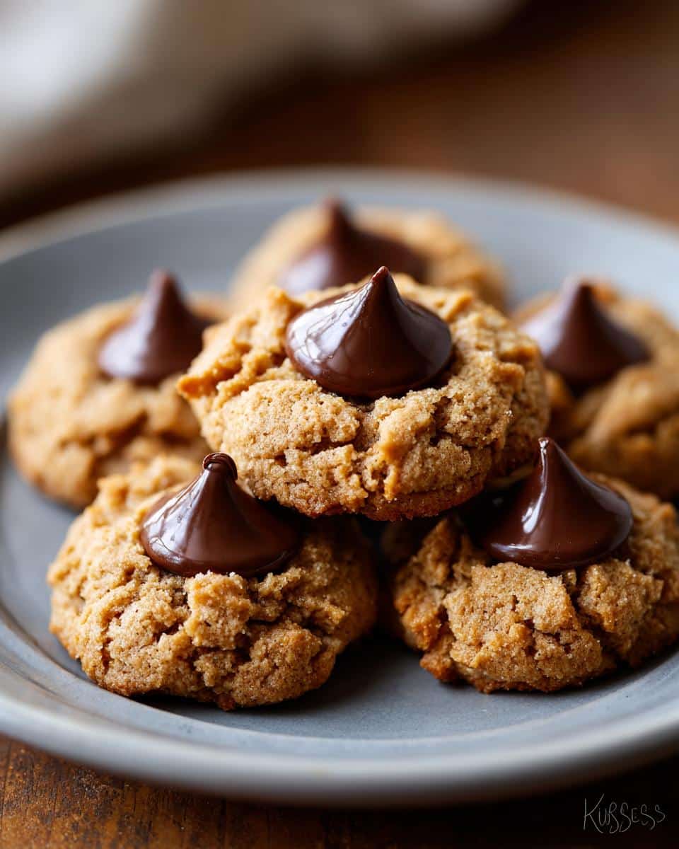 A stack of easy peanut butter blossoms cookies on a plate, each topped with a chocolate kiss.