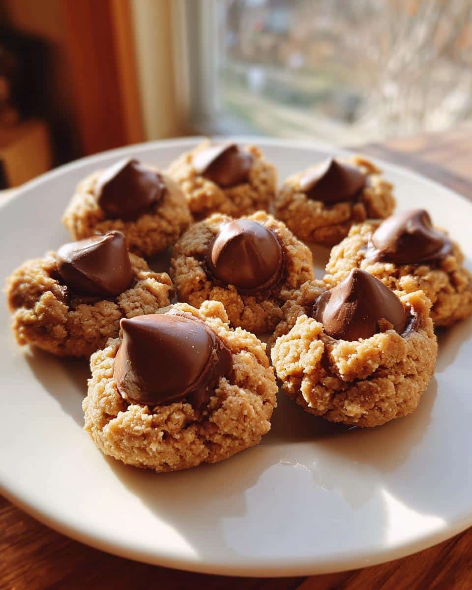 A plate of freshly baked peanut butter blossoms cookies easy to make, topped with chocolate kisses.