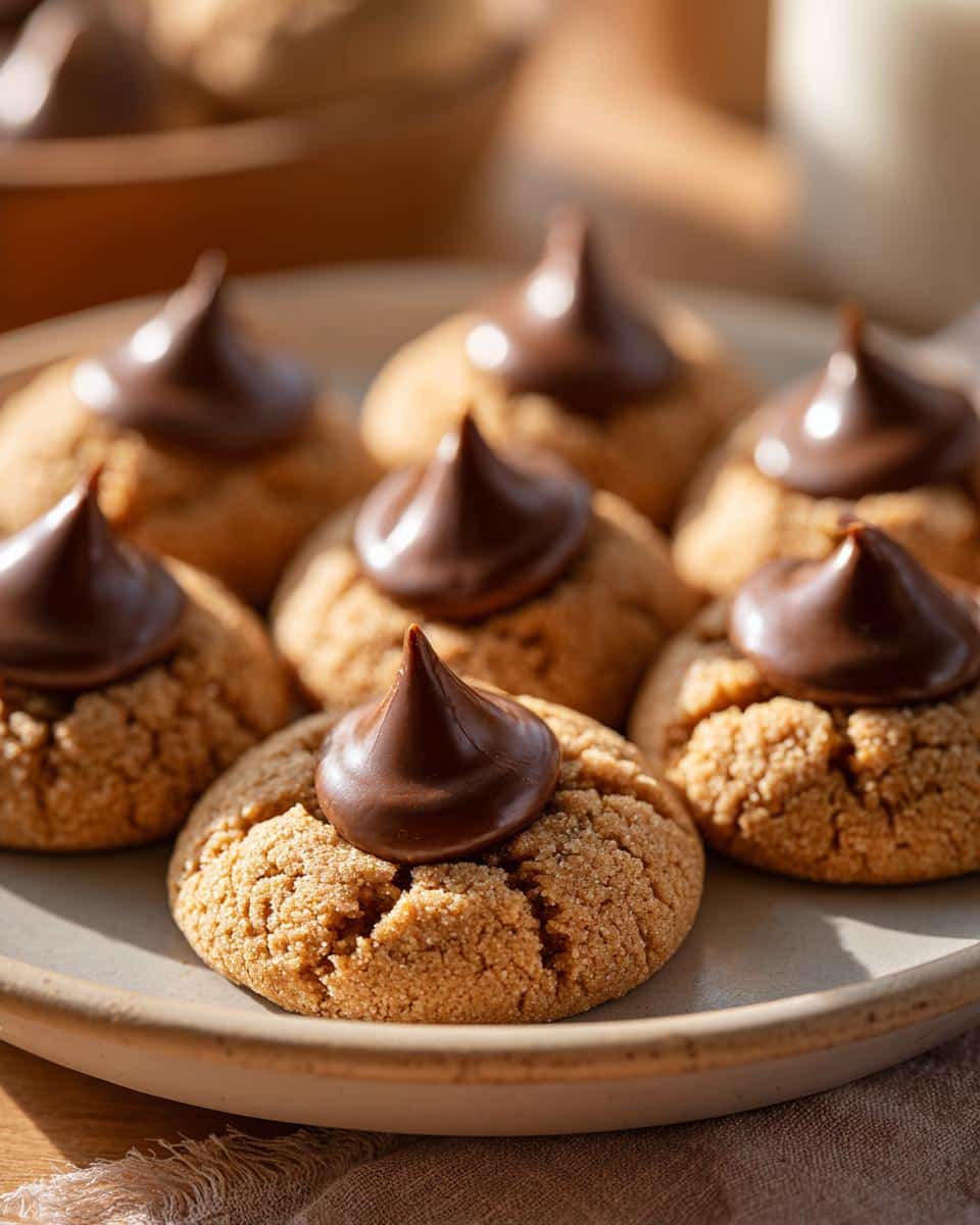 A plate of freshly baked peanut butter blossoms cookies easy, topped with chocolate kisses.