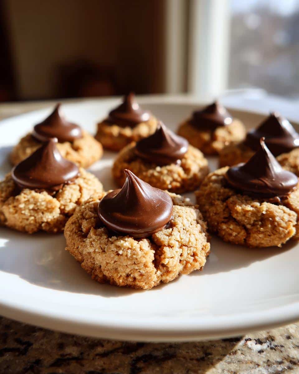 A plate of freshly baked peanut butter blossoms cookies easy, topped with chocolate kisses.