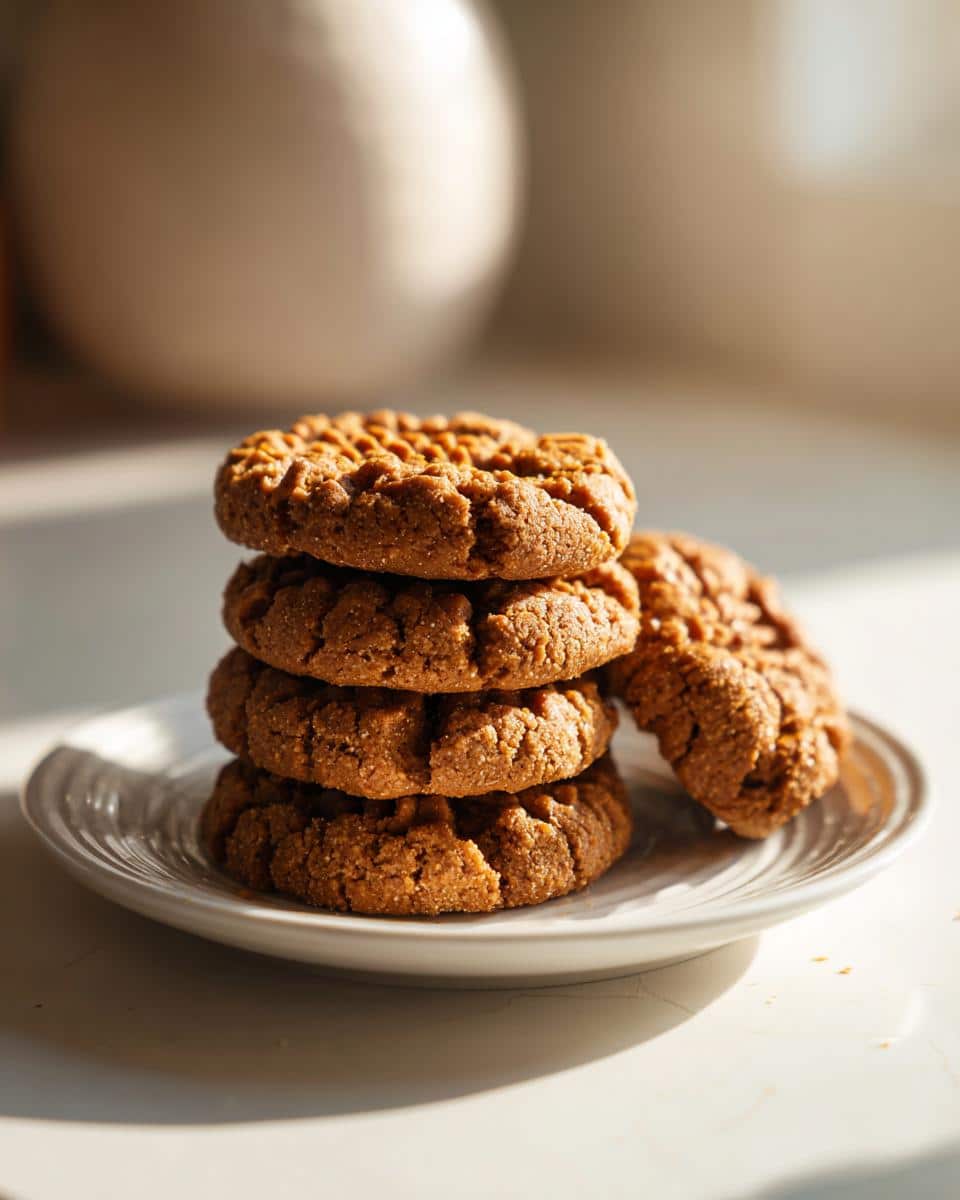 Stack of easy healthy peanut butter cookies on a white plate, one cookie leaning against the stack.