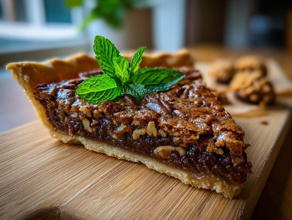 A slice of pecan pie topped with mint, perfect for a Kentucky Derby party. Close-up on wooden board.