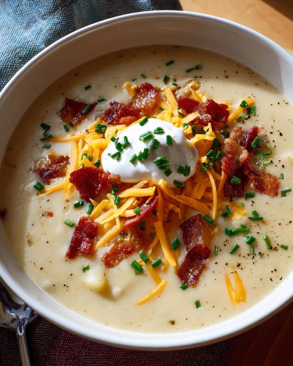 Bowl of creamy potato soup topped with bacon, cheddar cheese, sour cream, and chives.