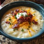 A bowl of creamy potato soup topped with bacon, cheese, sour cream, and chives.