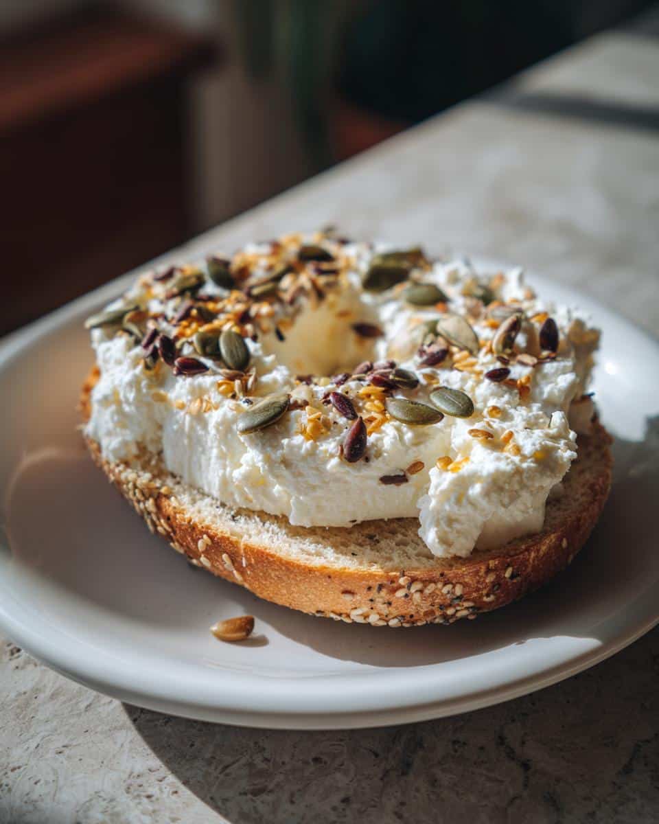 A protein bagel with greek yogurt and seeds, offering a quick and healthy snack option.