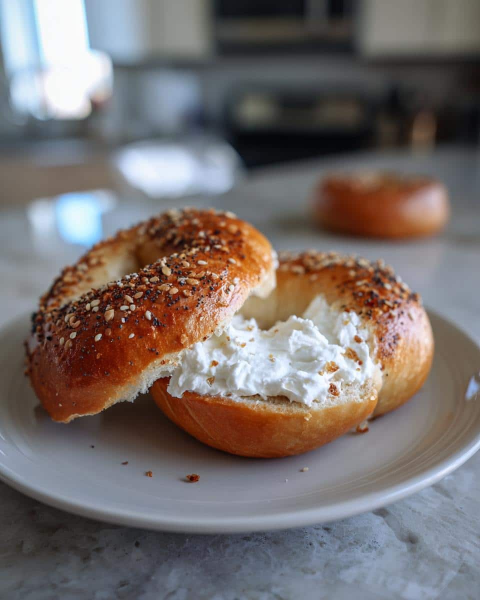 A protein bagel with greek yogurt filling on a plate, topped with everything bagel seasoning.