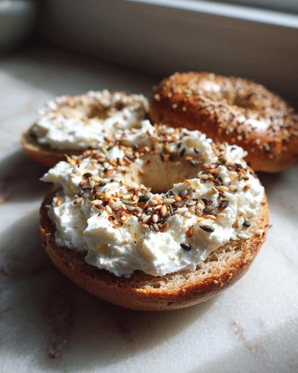 Close-up of protein bagels with greek yogurt and everything bagel seasoning. Quick and easy snack.