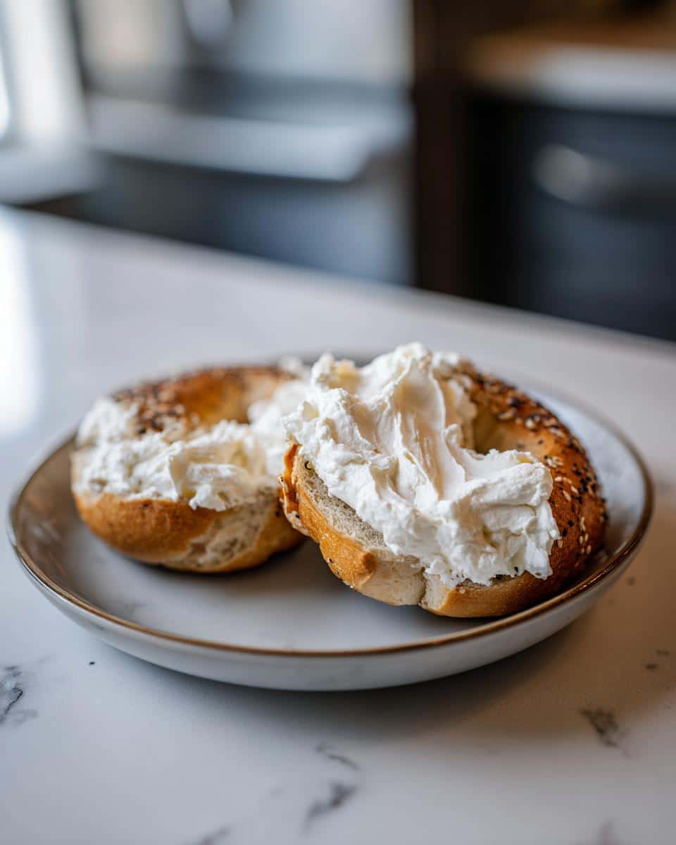 Two halves of protein bagels with greek yogurt filling, served on a plate.