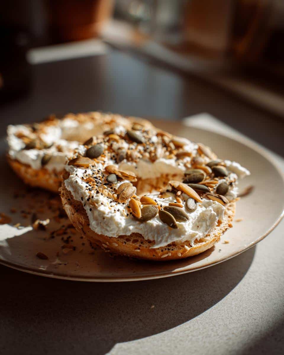 Two halves of protein bagels with greek yogurt, topped with mixed seeds on a plate.