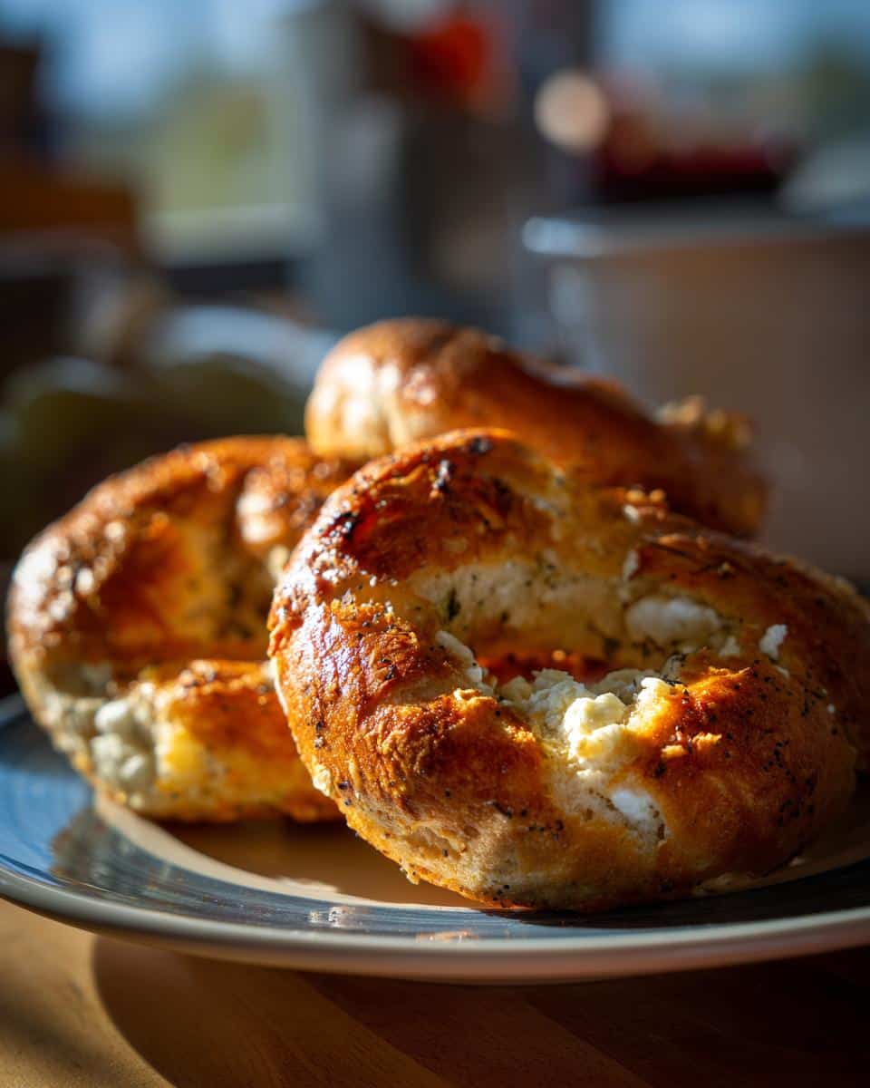 Close-up of freshly baked 4-ingredient protein bagels on a plate, showcasing their golden crust and soft interior.