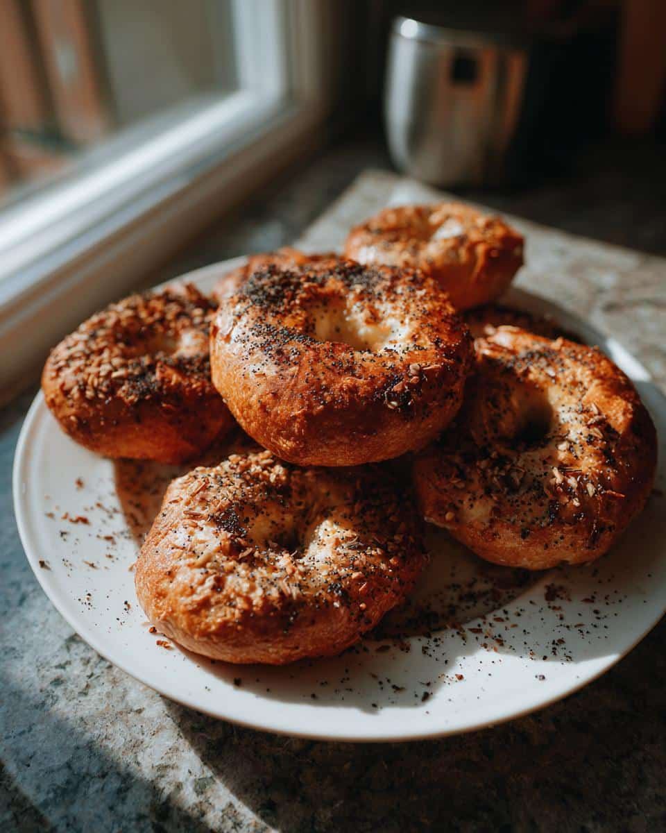 A plate of freshly baked protein bagels, topped with seeds, sits near a window.