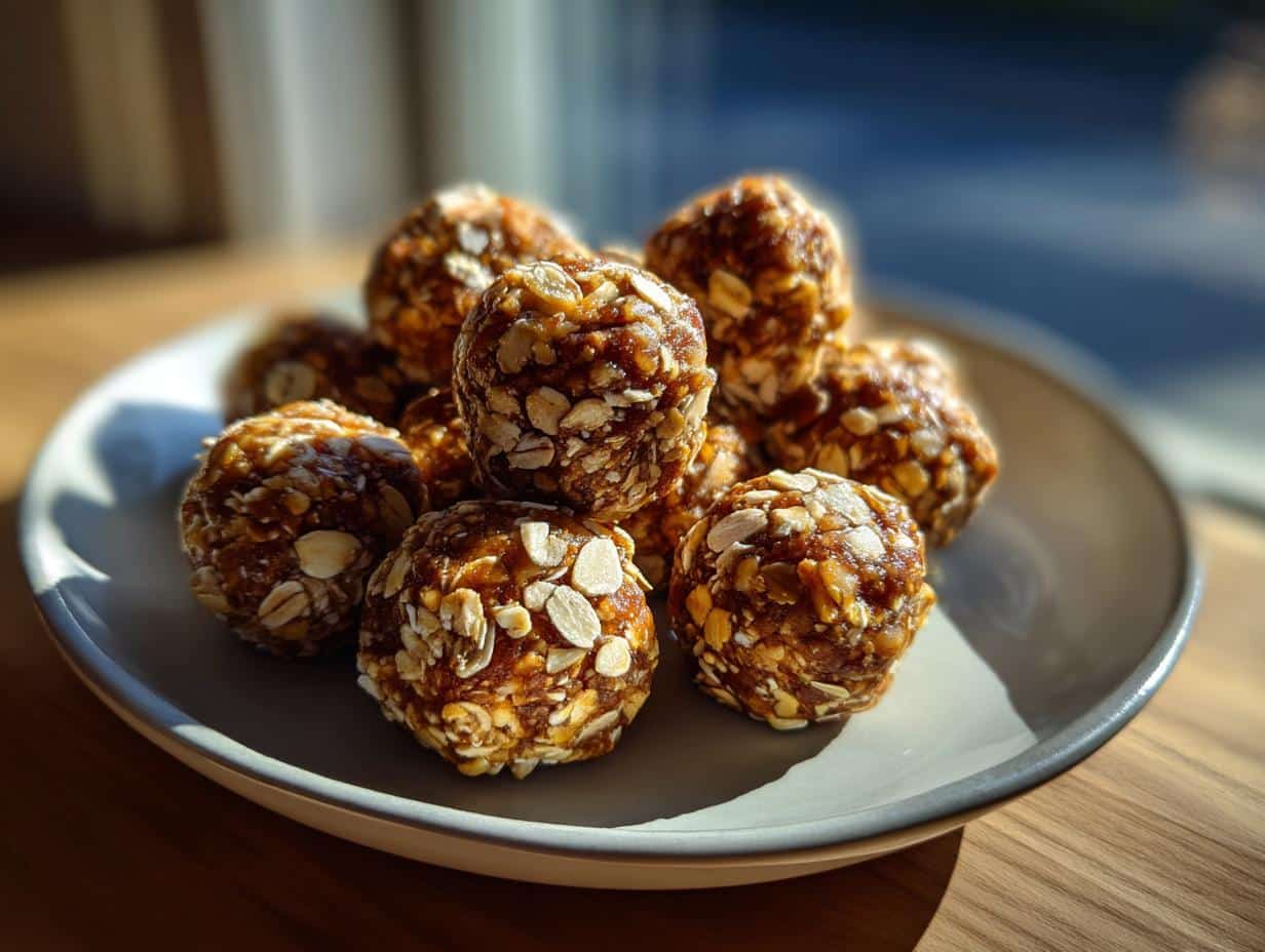 A plate of homemade protein balls no bake, coated with oats, on a wooden surface.