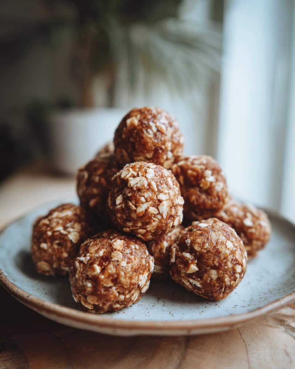 A plate of homemade protein balls no bake, featuring oats and a rich, nutty color. Perfect for a quick snack.