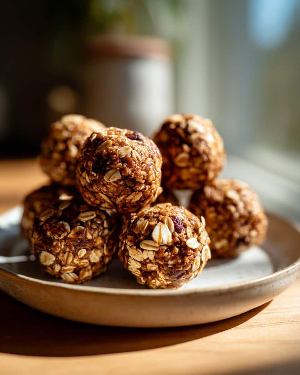 A stack of homemade protein balls no bake on a small plate, showcasing oats and other ingredients.