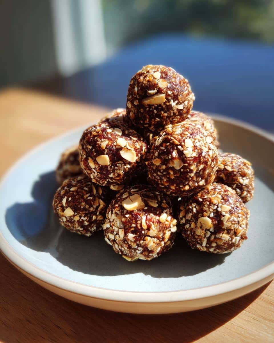 A stack of homemade protein balls no bake on a light blue plate, sitting on a wooden surface.