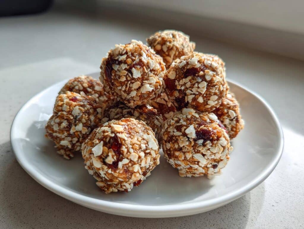 A plate of homemade protein balls with protein powder, rolled in oats and other healthy ingredients.