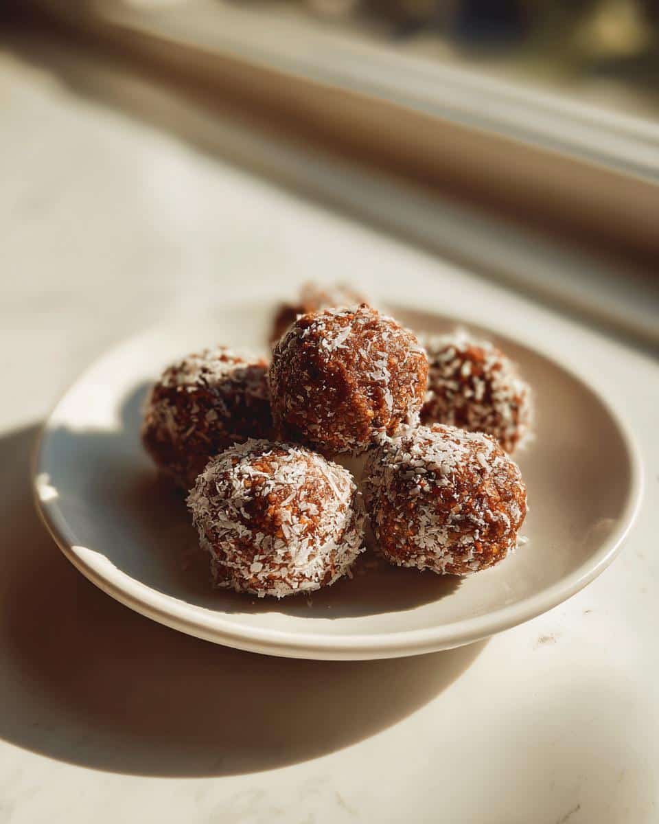 A plate of homemade protein balls with protein powder, rolled in coconut flakes, sitting in natural sunlight.