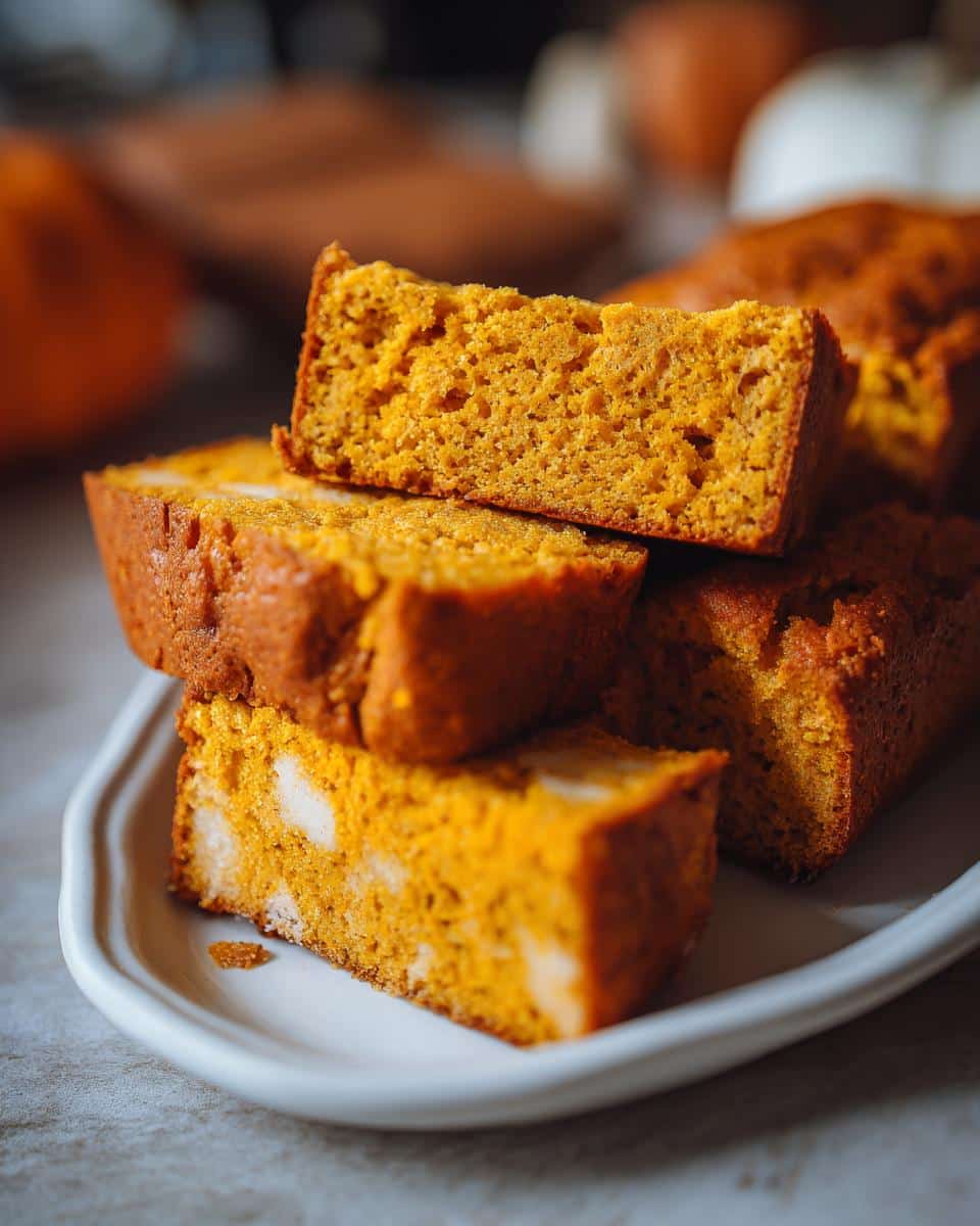 Slices of pumpkin bars with white cake mix easy recipe, stacked on a white plate. Pumpkins in the background.
