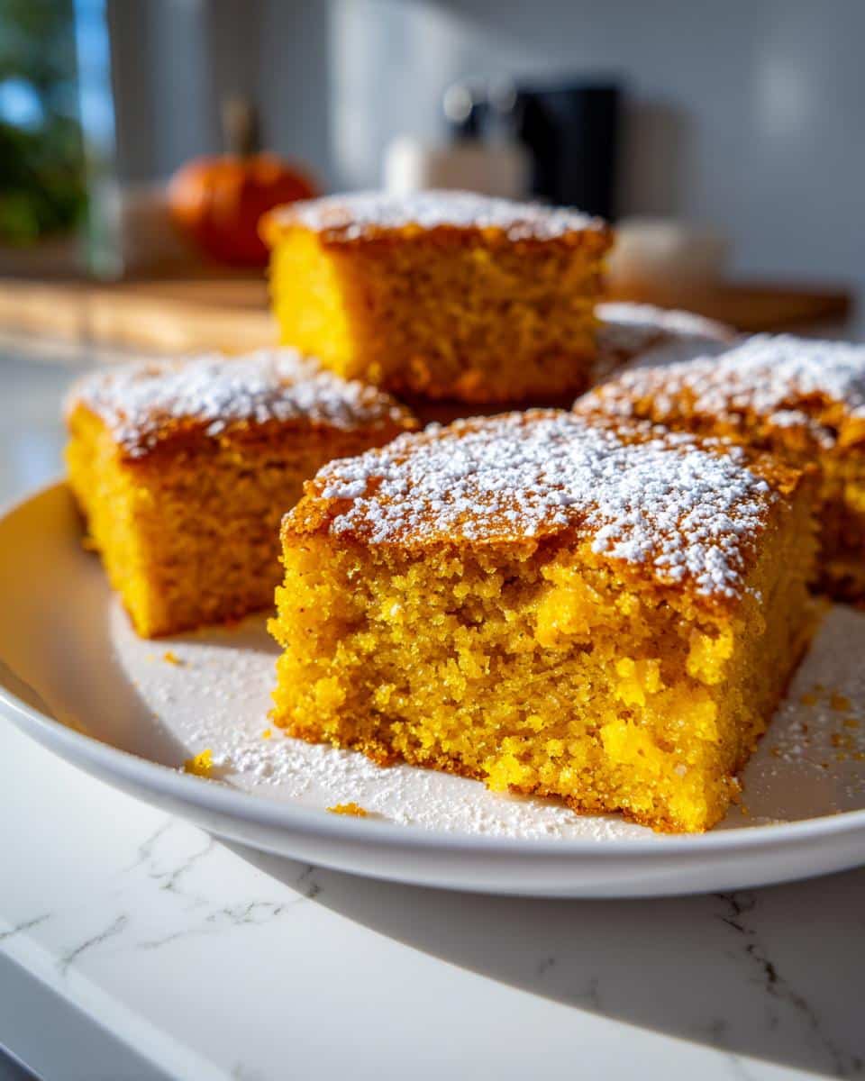 Close-up of pumpkin bars with yellow cake mix easy, dusted with powdered sugar on a white plate.