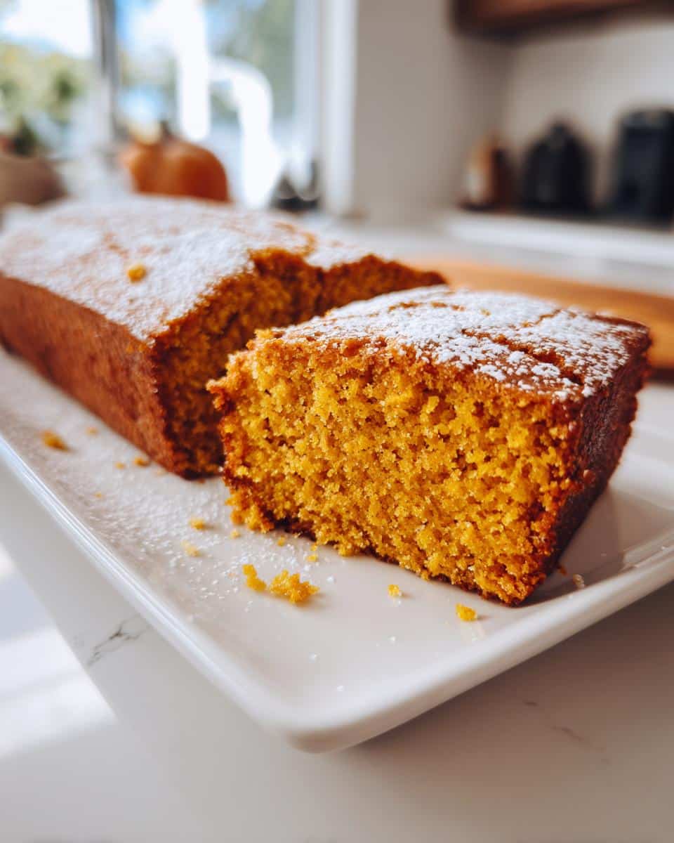 Close-up of pumpkin bars with yellow cake mix easy recipe, dusted with powdered sugar on a white plate.
