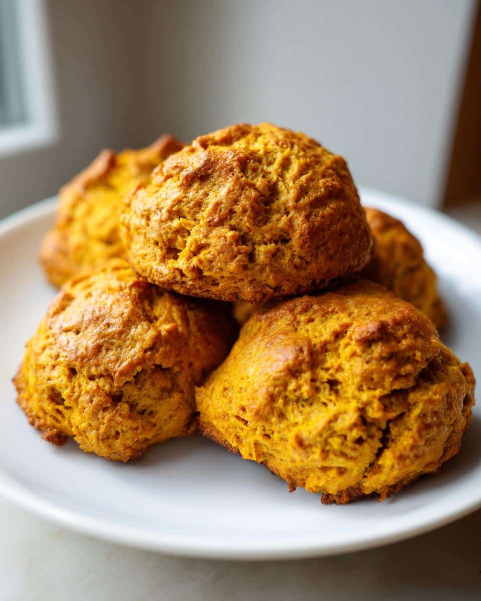 A stack of freshly baked pumpkin scones gluten free dairy free on a white plate.