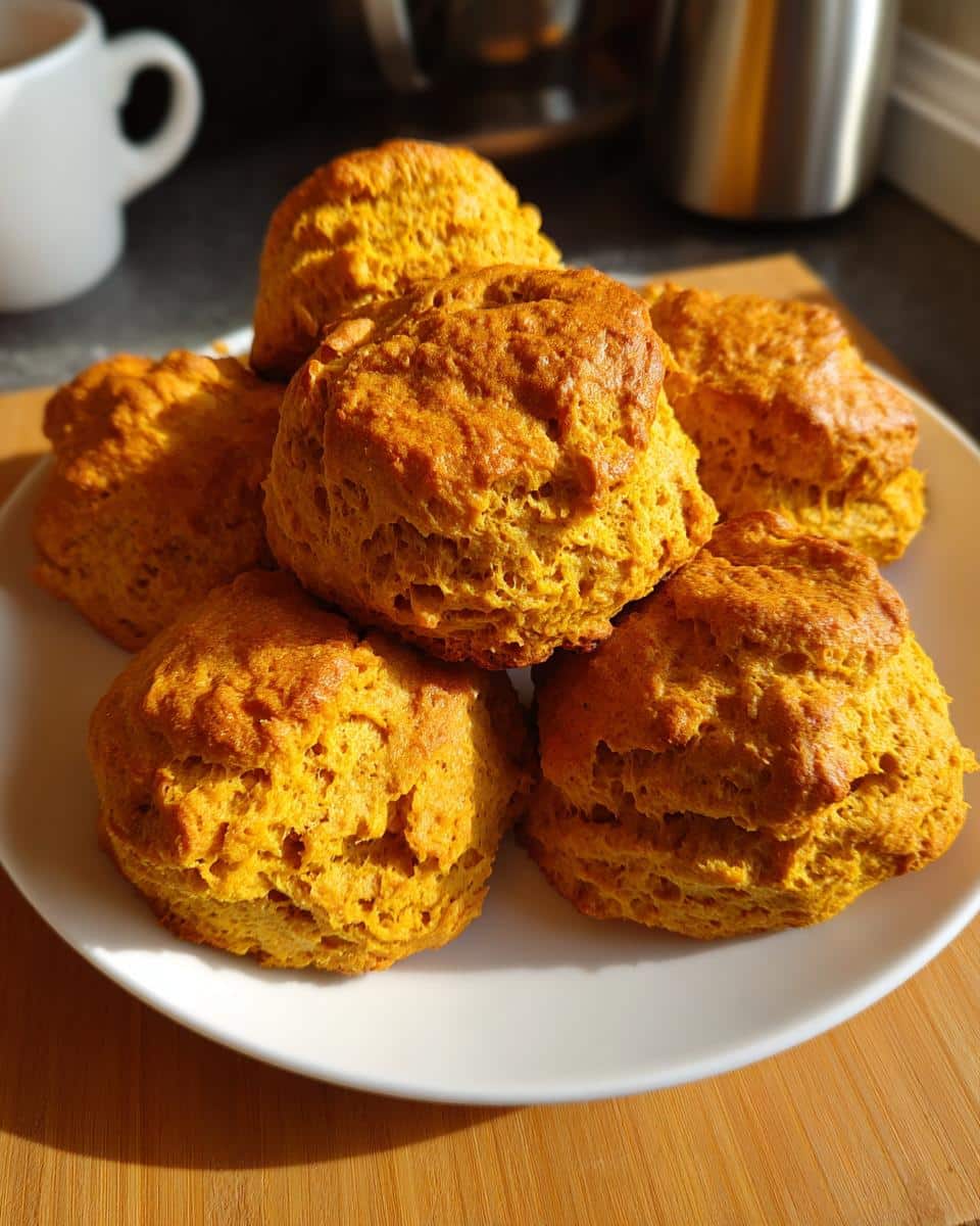 A stack of freshly baked pumpkin scones gluten free dairy free on a white plate, ready to eat.