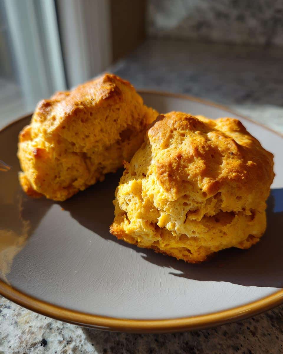 Two freshly baked pumpkin scones recipe no egg on a gray plate, showcasing their golden-brown color and texture.