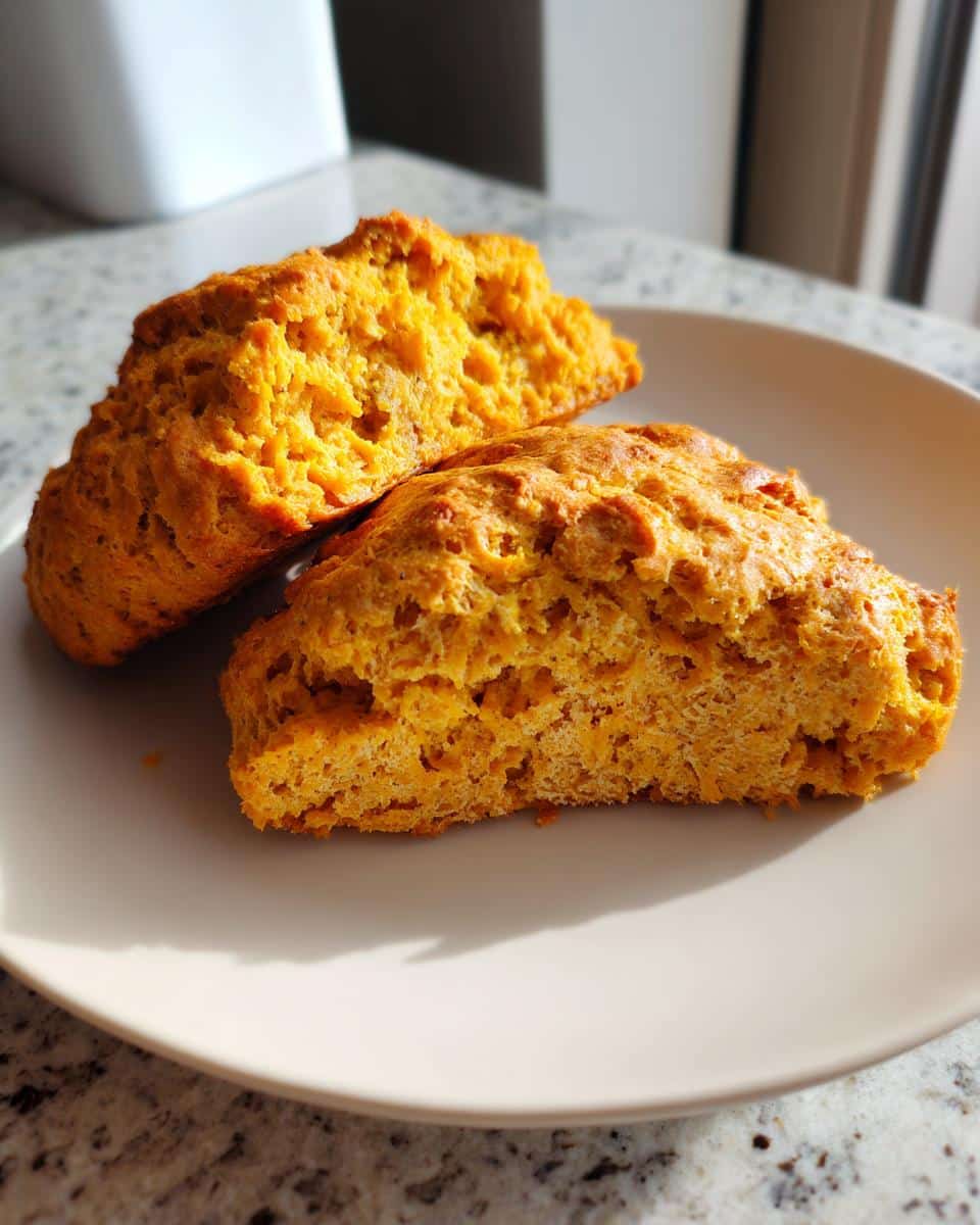 Two freshly baked pumpkin scones recipe no egg on a plate, showcasing their golden-brown color and texture.