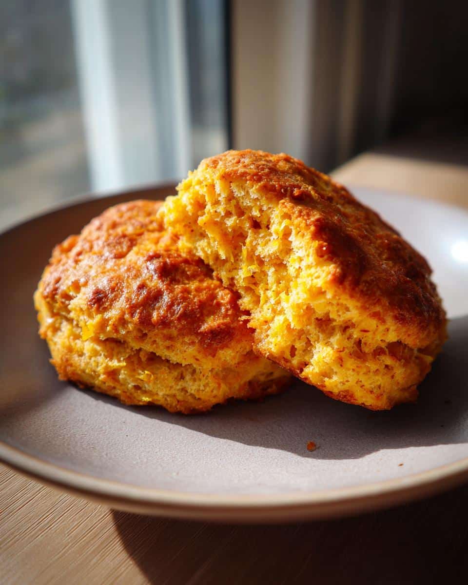 Two pumpkin scones recipe no egg on a plate, one broken open to show the texture.