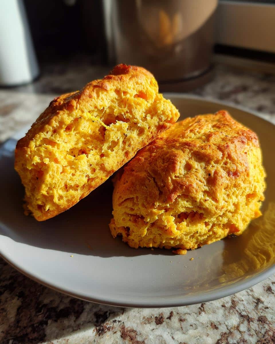 Two freshly baked pumpkin scones recipe no egg on a gray plate, showcasing their golden-brown color and texture.