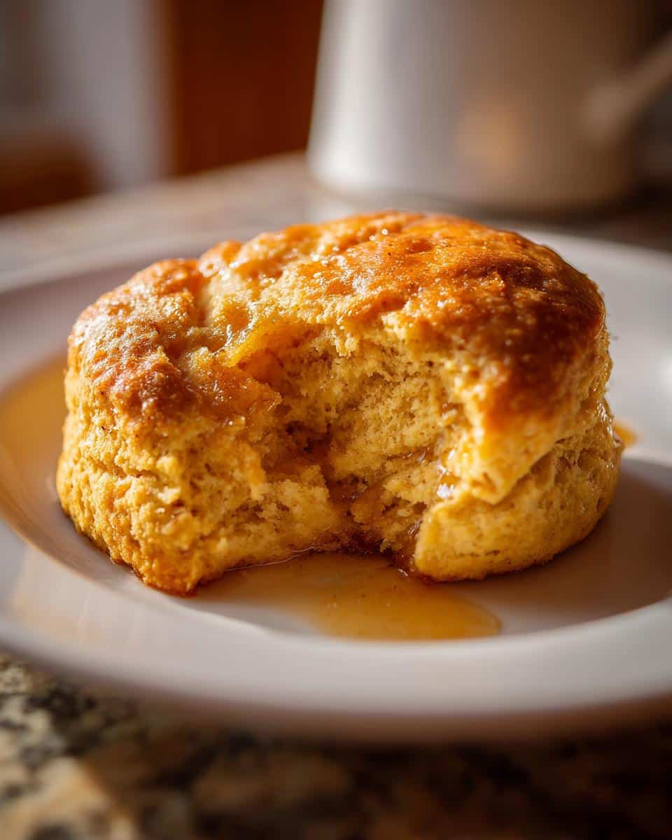 Close-up of a pumpkin vegan scone on a plate with a bite taken out, revealing its soft texture.